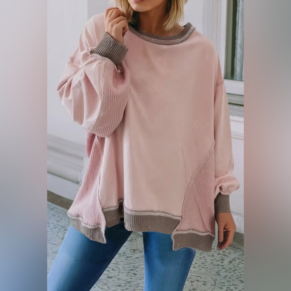 Pink and Gray Women's Crew Neck Sweater